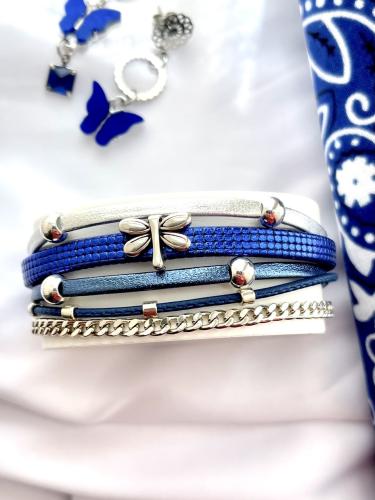Bracelet Cuir Manchette Multi-Liens Bleu
